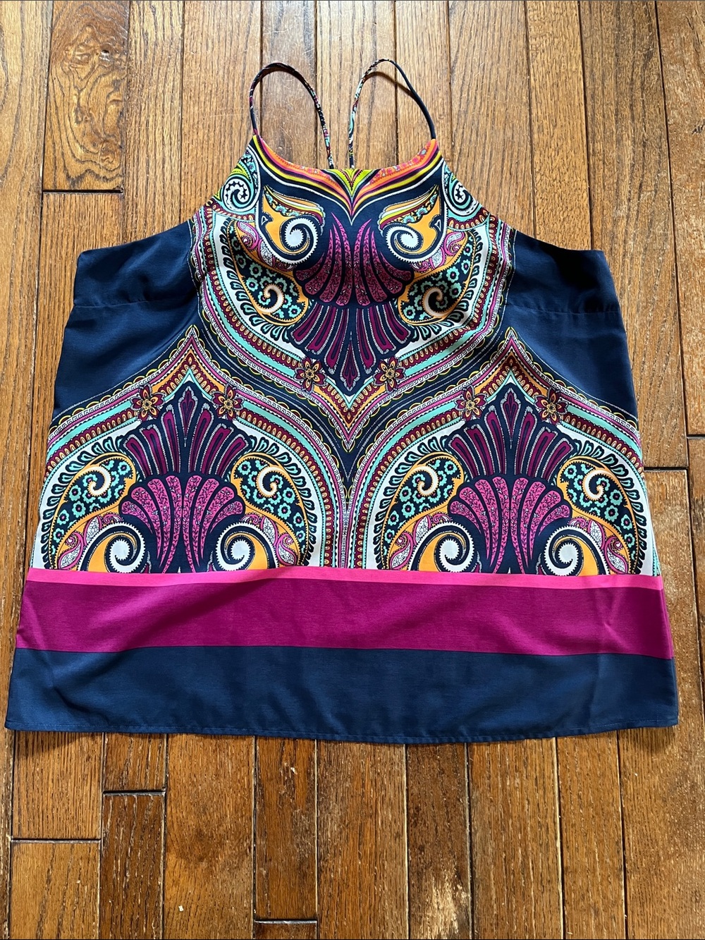 Renee C. Navy Paisley-Print Strappy Camisole with Pink Band